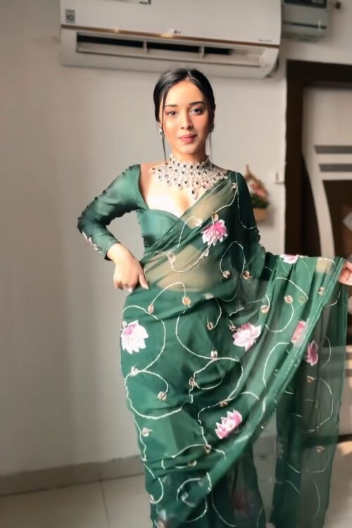 Dark Green Pink Lotus Floral Embroidery And Delicate White Thread Work Ready To Wear Saree With Designer Unstitched Blouse