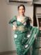 Dark Green Pink Lotus Floral Embroidery And Delicate White Thread Work Ready To Wear Saree With Designer Unstitched Blouse