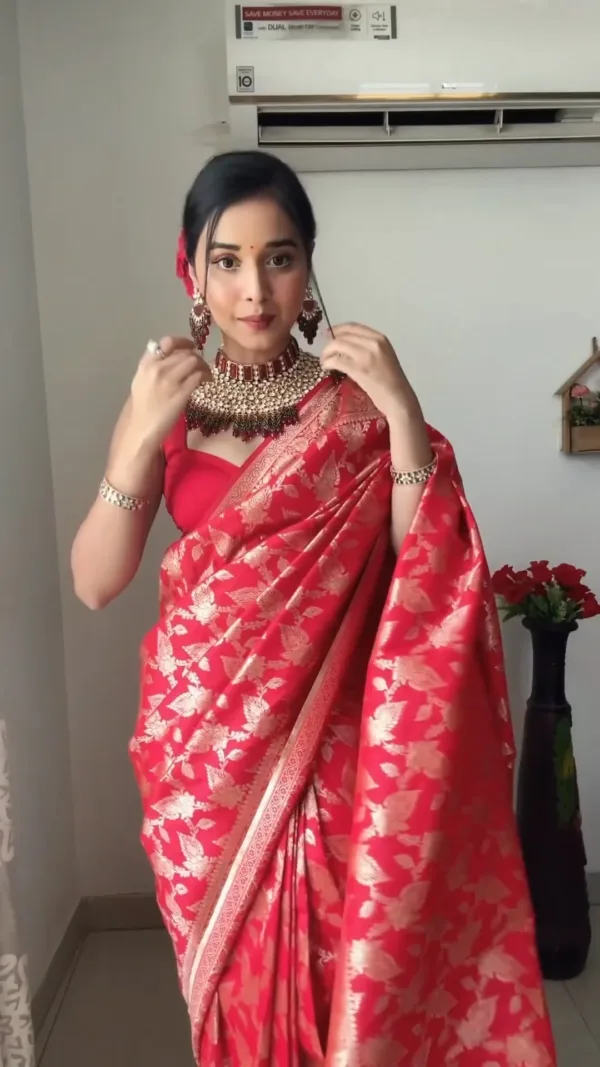 Red Banarasi Silk Saree With Rich Golden Zari Ready To Wear Saree With Unstitched Blouse - Image 5