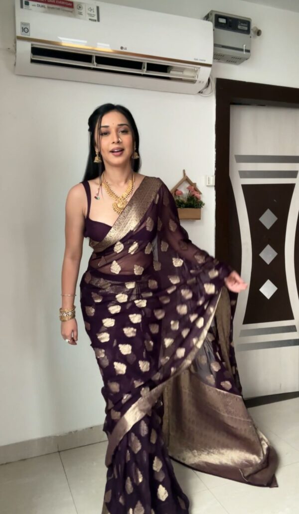 Deep Wine Color Golden Zari Woven Motifs Traditional Cotton Banarasi Ready To Wear Saree With Unstitched Blouse - Image 6