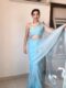 Sky Blue Organza Saree With Hand-painted Swans Ready To Wear Saree With Designer Unstitched Blouse