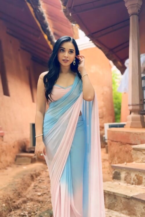 Pastel Blue And Pink Georgette Vibrant Pastel Blue And Pink Ready To Wear Saree With Designer Unstitched Blouse