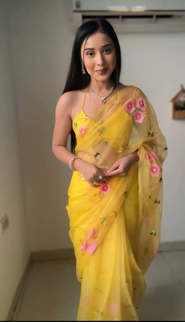 Yellow Color Floral Pink Floral Design Organza Ready To Wear Saree With Unstitched Blouse - Image 5