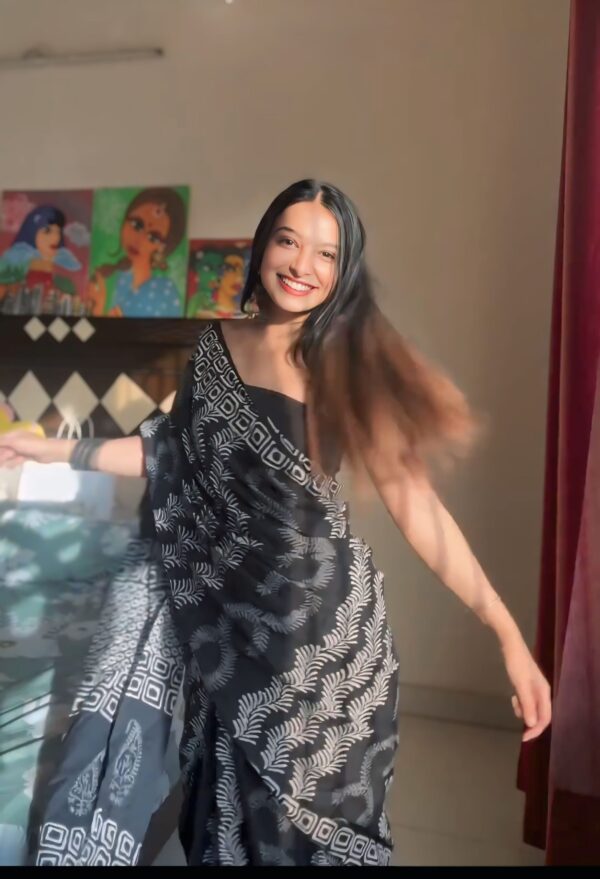 Black Color Soft Linen Handblock-inspired Geometric And Leaf Motifs Ready To Wear Saree With Unstitched Blouse - Image 5
