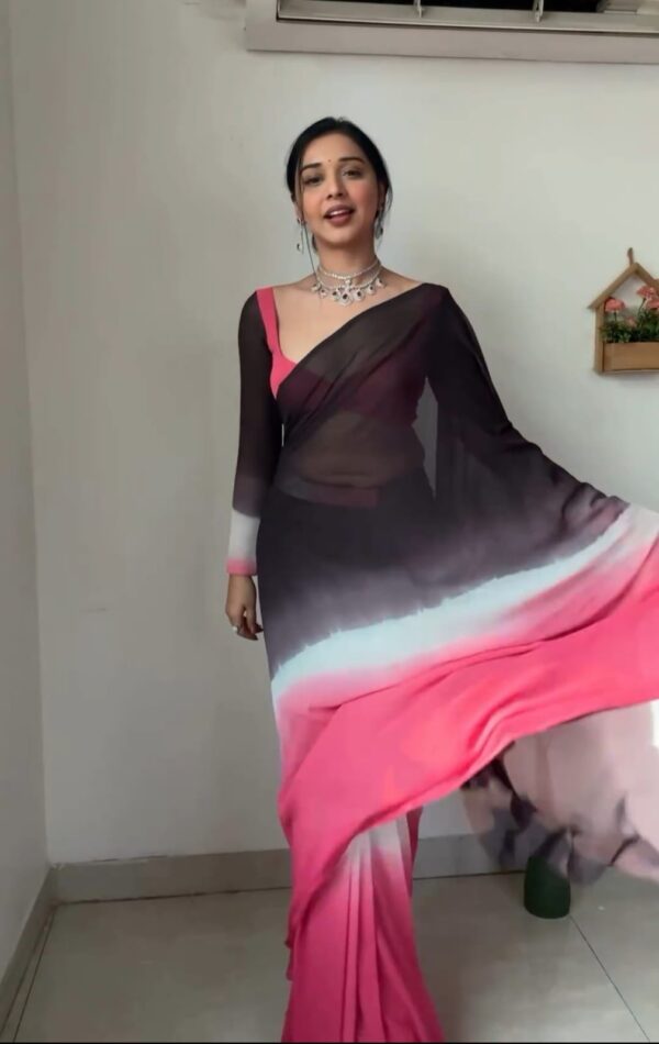 Black, Grey, White, And Pink Color Ombre Saree Georgette Ready To Wear Saree With Unstitched Blouse - Image 5