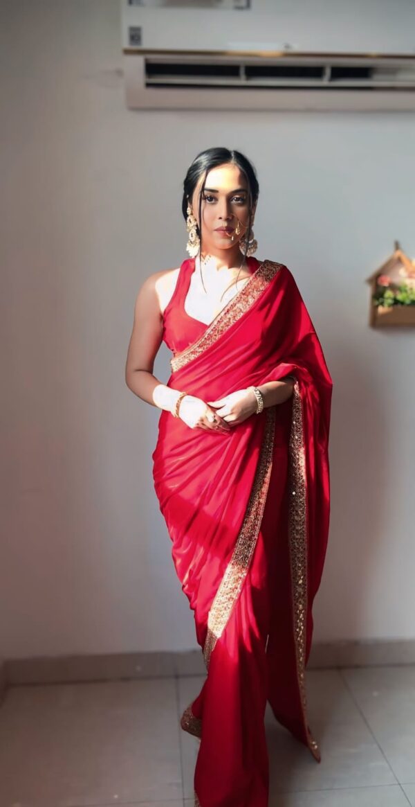 Red Color Golden Sequin Border Velvet Ready To Wear Saree With Unstitched Blouse - Image 5