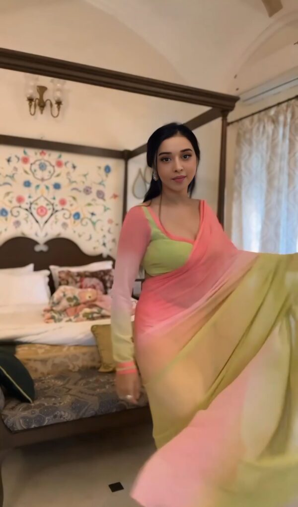 Pastel Yellow And Pink Shades Georgette Soft Ombré Blend Ready To Wear Saree With Unstitched Blouse - Image 4
