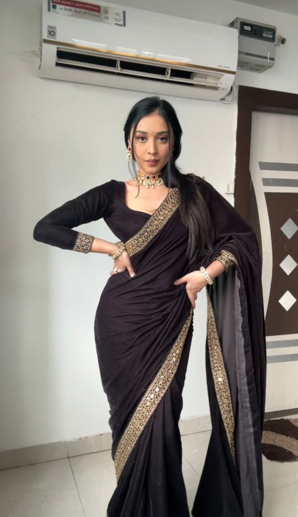 Black Color Golden Sequin Border Velvet Ready To Wear Saree With Unstitched Blouse (Copy) - Image 4