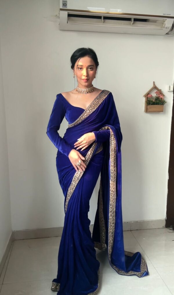 Blue Color Golden Sequin Border Velvet Ready To Wear Saree With Unstitched Blouse - Image 3