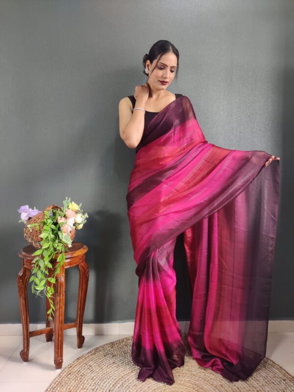 Magenta And Wine Shades Georgette Soft Ombré Pattern Ready To Wear Saree With Unstitched Blouse - Image 4