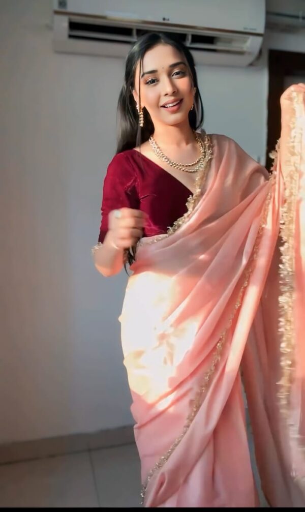 Peach Color Golden Sequin Border Velvet Ready To Wear Saree With Unstitched Blouse - Image 6