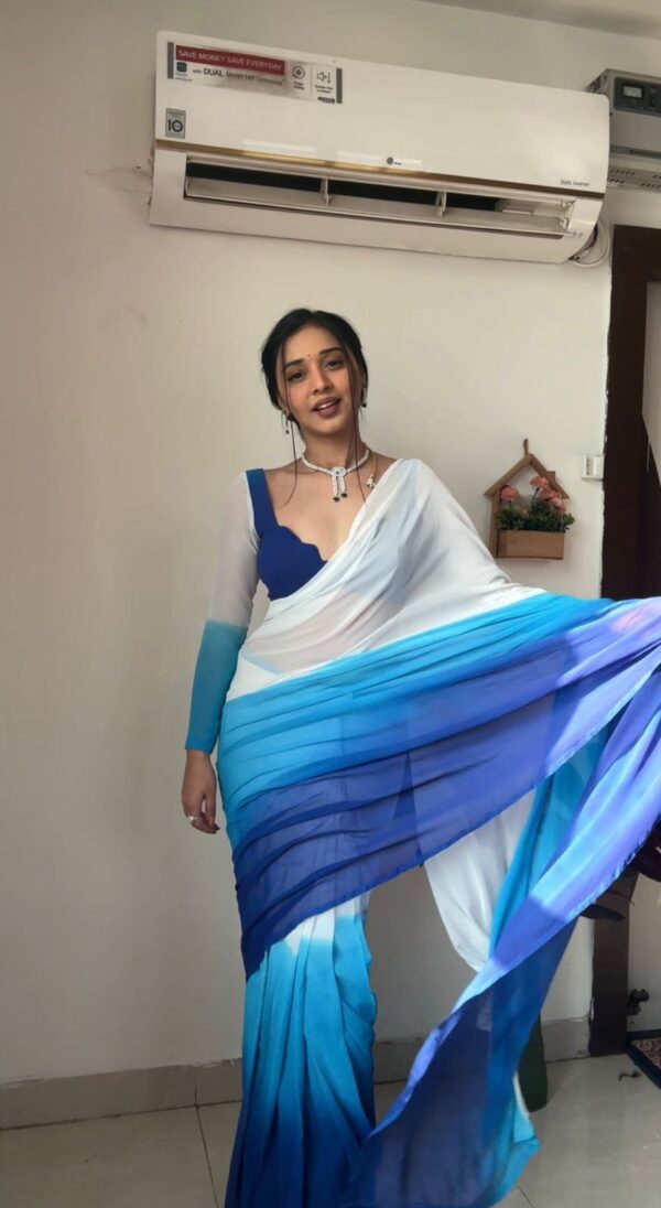 White To Blue Color Ombre Saree Georgette Ready To Wear Saree With Unstitched Blouse - Image 4