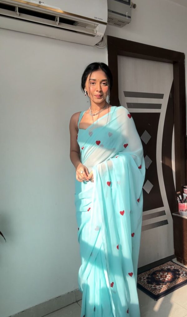 Pastel Blue Color Red And Silver Heart Motifs Georgette Ready To Wear Saree With Unstitched Blouse - Image 5