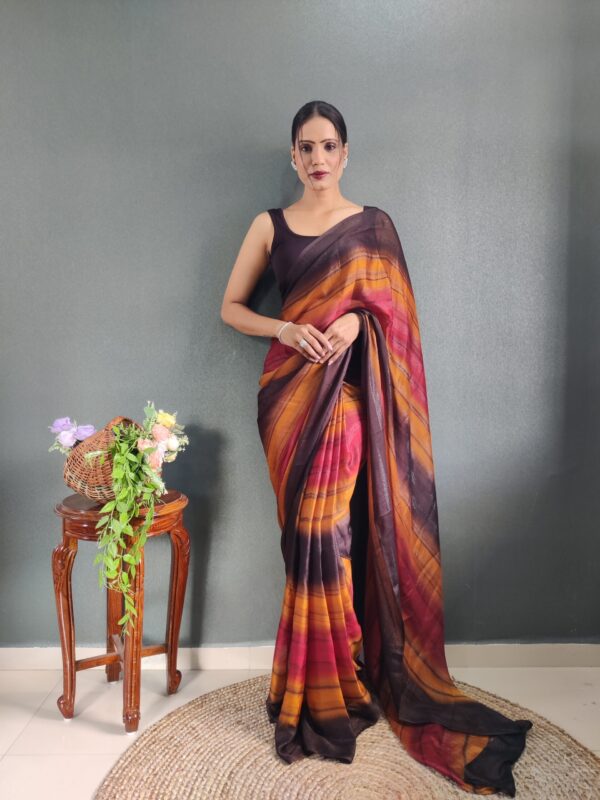 Burnt Orange, Deep Maroon Shades Georgette Soft Ombré Pattern Ready To Wear Saree With Unstitched Blouse - Image 4