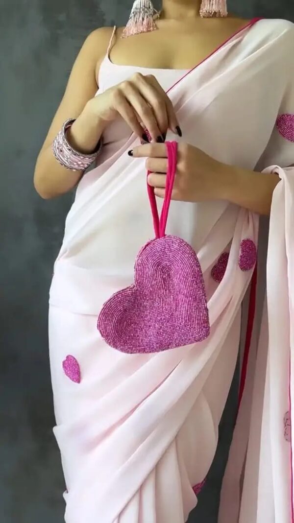 Baby Pink Heart Embellishments Georgette Ready To Wear Saree With Unstitched Blouse - Image 5