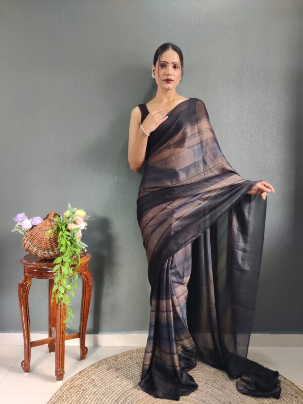 Charcoal Black And Ash Brown Shades Georgette Soft Ombré Pattern Ready To Wear Saree With Unstitched Blouse