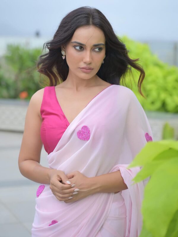 Light Pink Heart Embellishments Georgette Ready To Wear Saree With Unstitched Blouse - Image 5