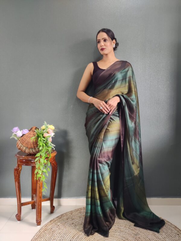 Forest Green, Olive, And Deep Brown Georgette Soft Ombré Pattern Ready To Wear Saree With Unstitched Blouse - Image 4