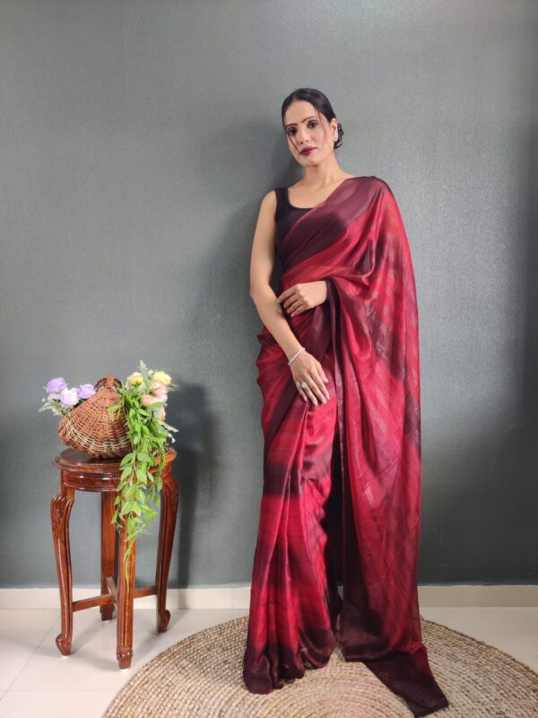 Wine Red To Deep Maroon Georgette Soft Ombré Pattern Ready To Wear Saree With Unstitched Blouse - Image 4