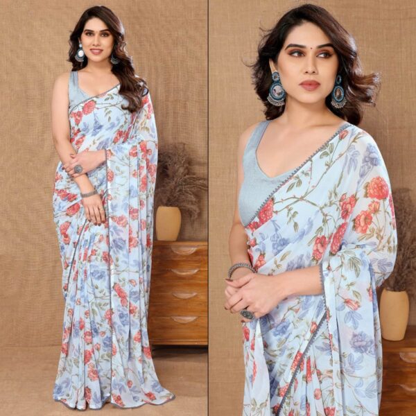 Pastel Blue Shade Floral Prints In Pink And Lavender Tones Georgette Ready To Wear Saree With Unstitched Blouse - Image 6
