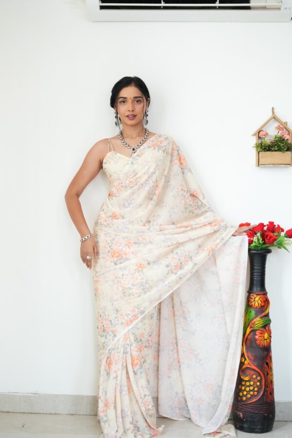 Light Cream With Pastel Orange And Lilac Floral Prints Georgette Ready To Wear Saree With Unstitched Blouse - Image 5