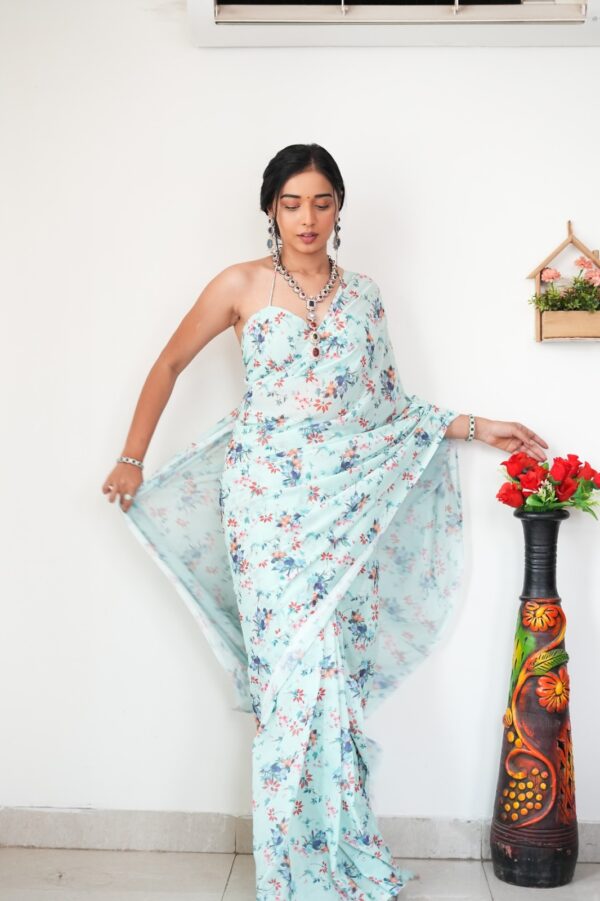 Pastel Blue With Multi-color Floral And Fan Motifs Georgette Ready To Wear Saree With Unstitched Blouse - Image 5