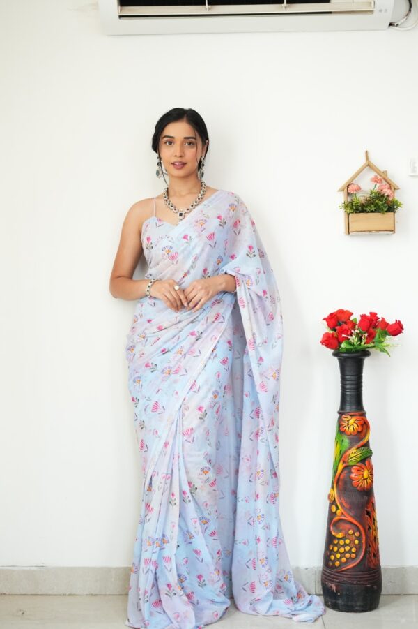 Light Blue With Multicolor Floral And Fan Motifs Georgette Ready To Wear Saree With Unstitched Blouse - Image 5