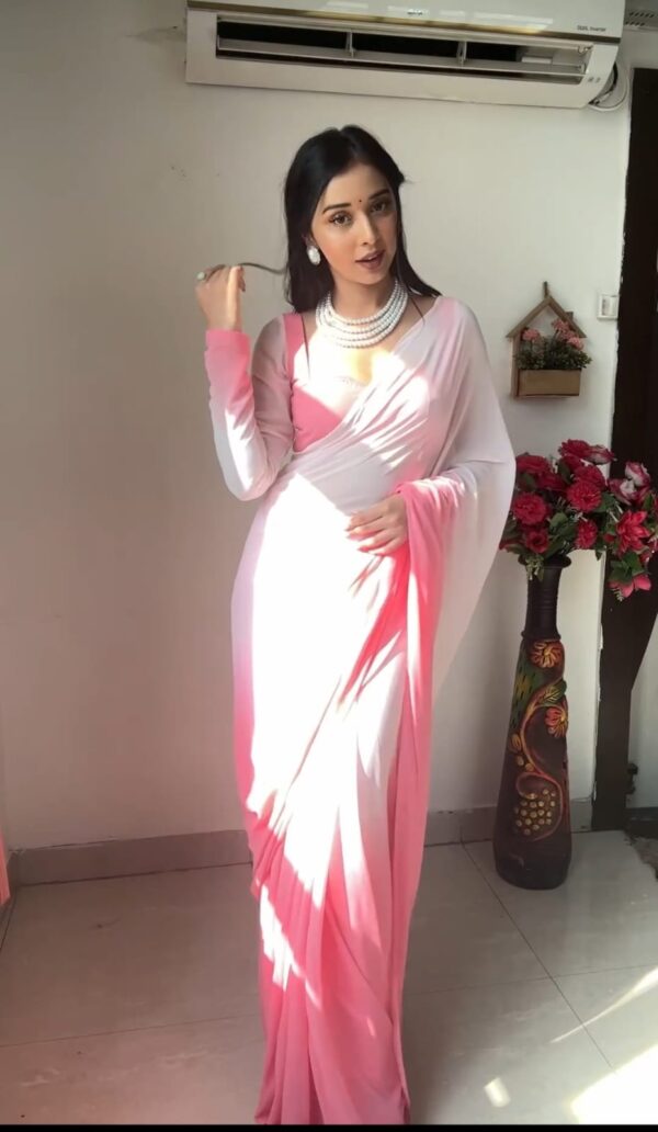 Baby Pink And White Omber Print Georgette Ready To Wear Saree With Unstitched Blouse - Image 6