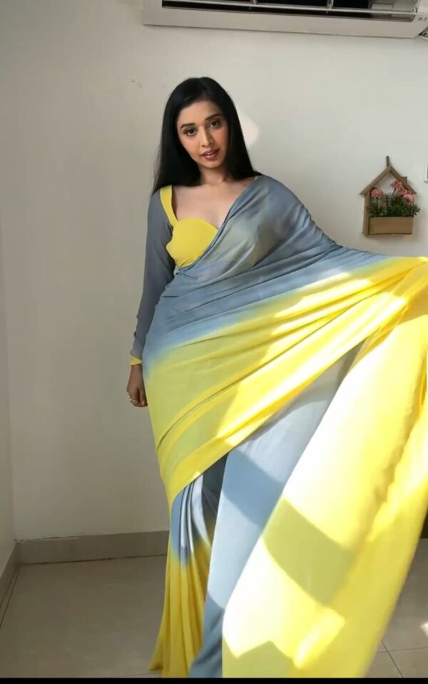 Yellow And Grey Omber paint Georgette Ready To Wear Saree With Unstitched Blouse - Image 6