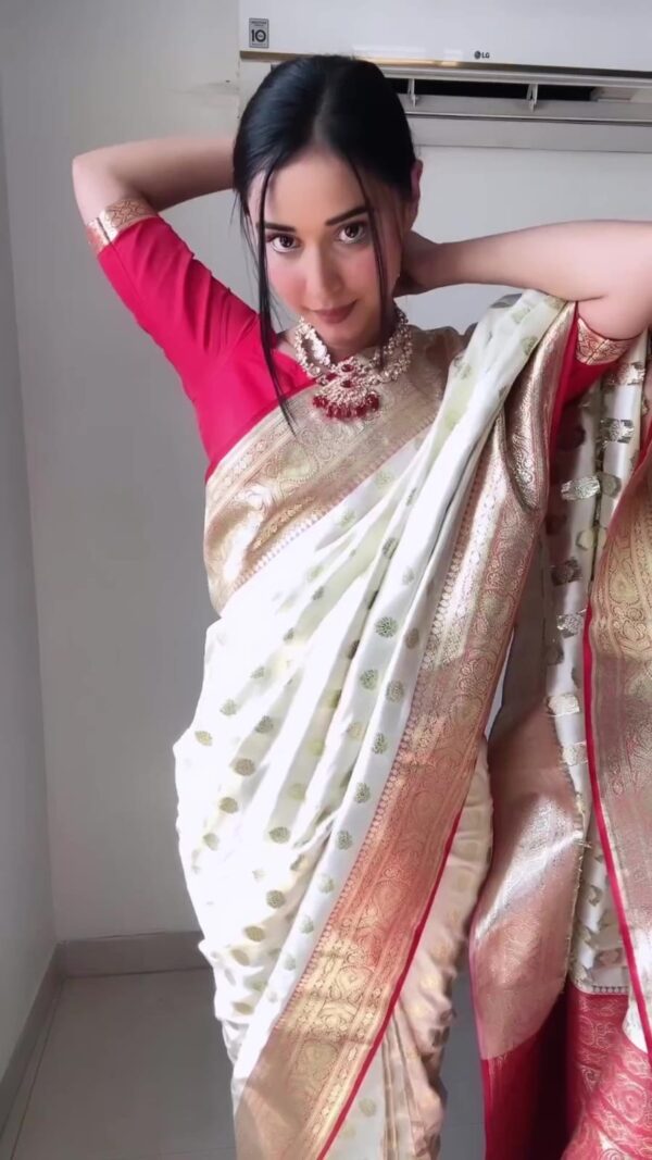 Cream Banarasi Silk Saree With Rich Golden Zari Ready To Wear Saree With Unstitched Blouse - Image 7