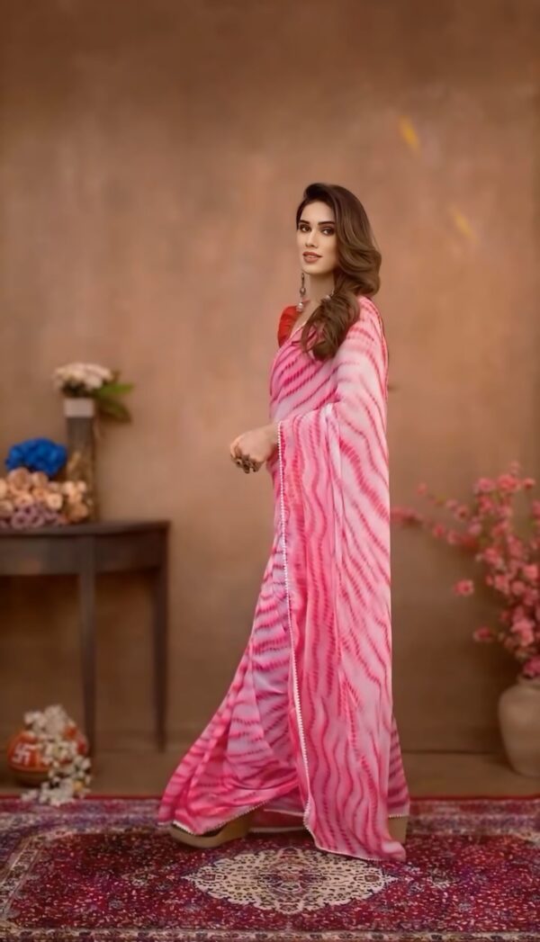 Vibrant Pink And White Shibori Tie-dye Waves Georgette Ready To Wear Saree With Unstitched Blouse - Image 5