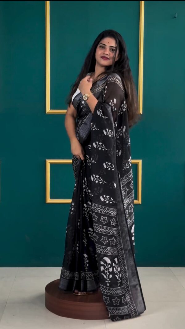 Black Color Soft Linen Handblock-inspired Geometric And Leaf Motifs Ready To Wear Saree With Unstitched Blouse