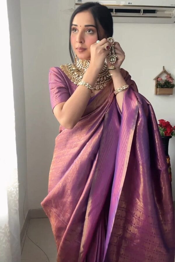 Purple Banarasi Silk Saree With Intricate Zari Work Ready To Wear Saree With Unstitched Blouse - Image 5
