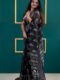 Black Color Soft Linen Handblock-inspired Geometric And Leaf Motifs Ready To Wear Saree With Unstitched Blouse