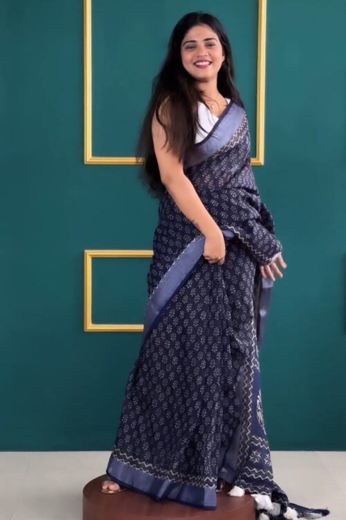 Navy Blue Color Soft Linen Handblock-inspired Geometric And Leaf Motifs Ready To Wear Saree With Unstitched Blouse