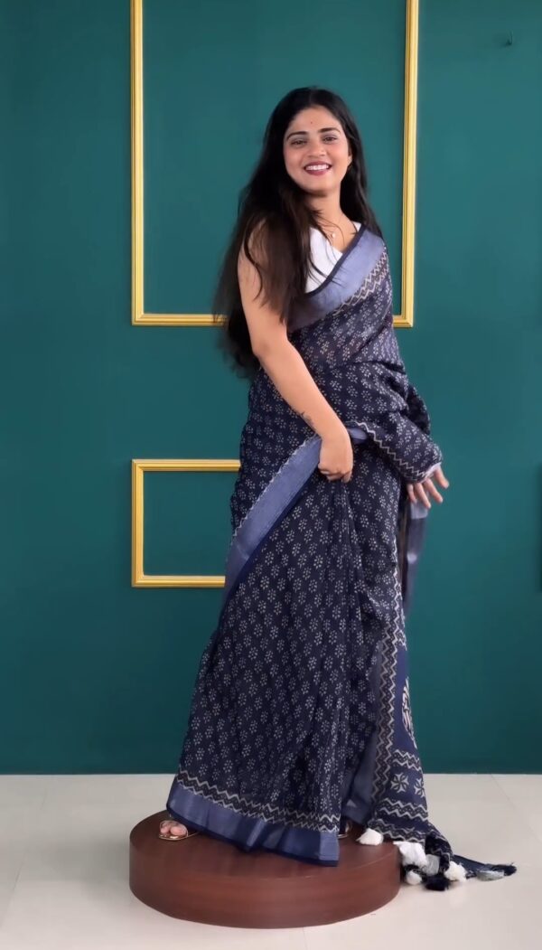 Navy Blue Color Soft Linen Handblock-inspired Geometric And Leaf Motifs Ready To Wear Saree With Unstitched Blouse