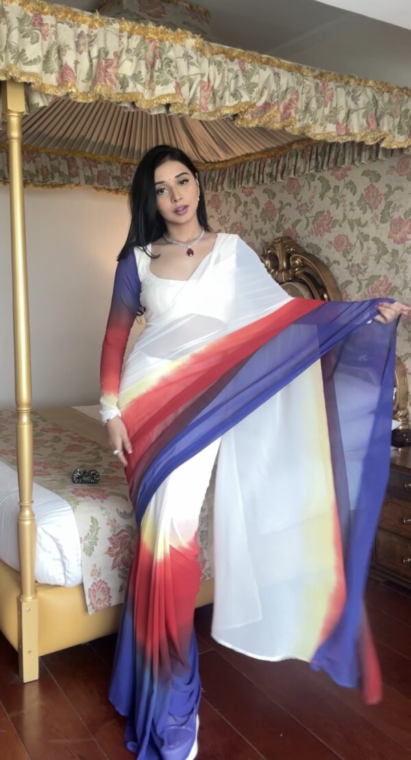 White, Red, Yellow, And Royal Blue Ombré Shades Georgette Ready To Wear Saree With Unstitched Blouse - Image 7