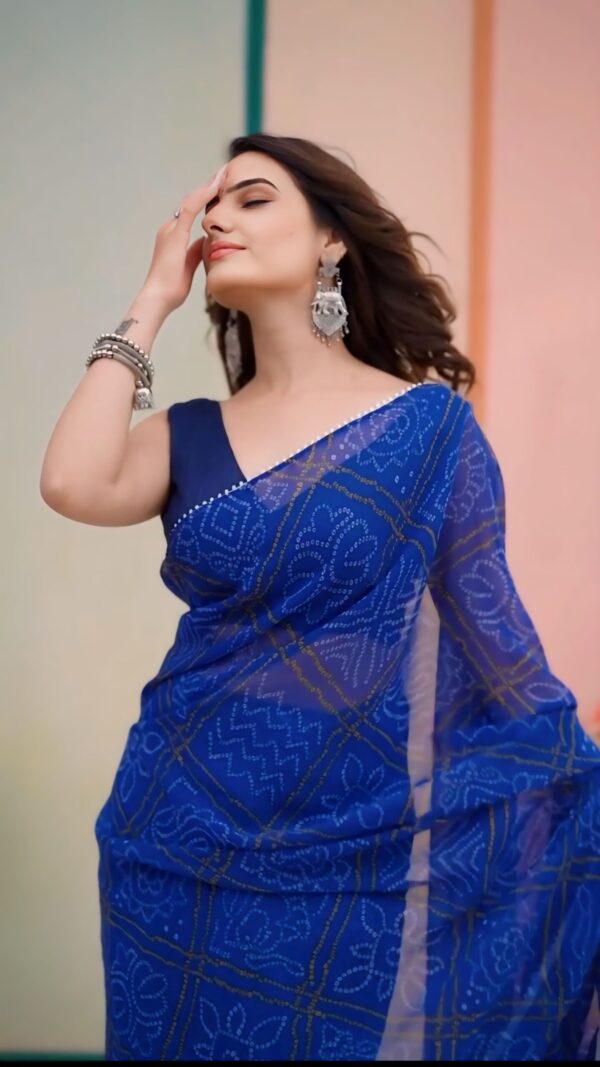 Royal Blue Georgette Bandhani Print With Golden Geometric Patterns Ready To Wear Saree With Unstitched Blouse - Image 5