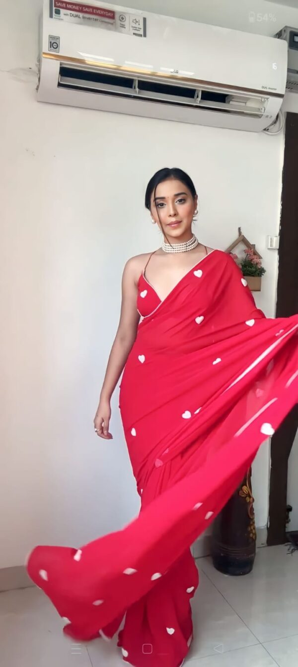 Vibrant Red Small White Heart Motifs Georgette Ready To Wear Saree With Unstitched Blouse - Image 3