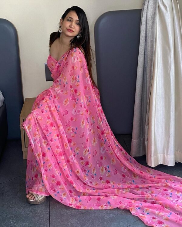 Light Pink Georgette Multicolor Floral Prints Lace Border Ready To Wear Saree With Unstitched Blouse - Image 5
