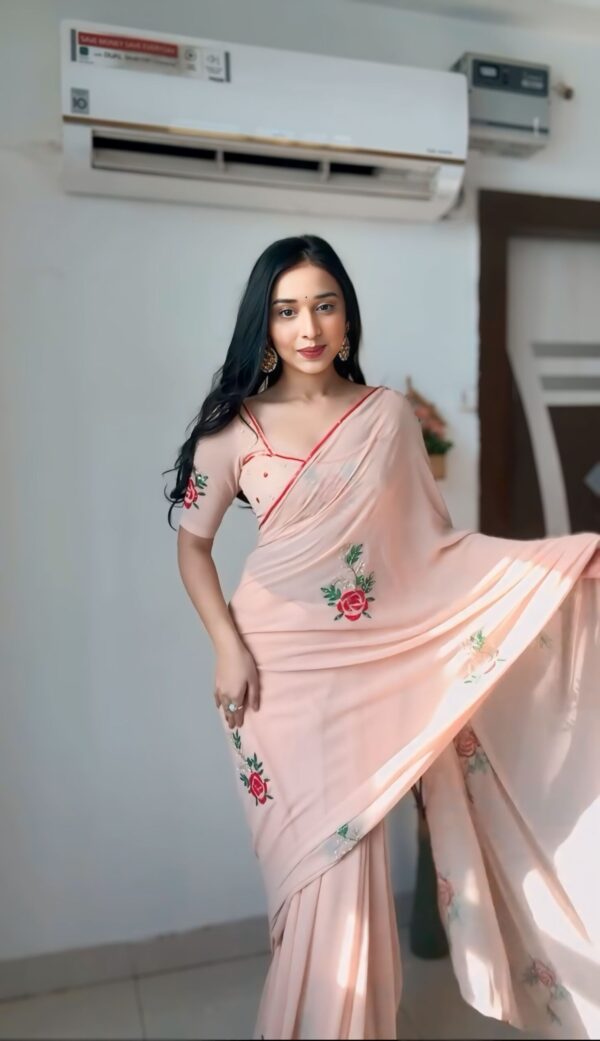 Pastel Peach Georgette Floral Embroidery Red Piping Border Ready To Wear Saree With Unstitched Blouse - Image 5