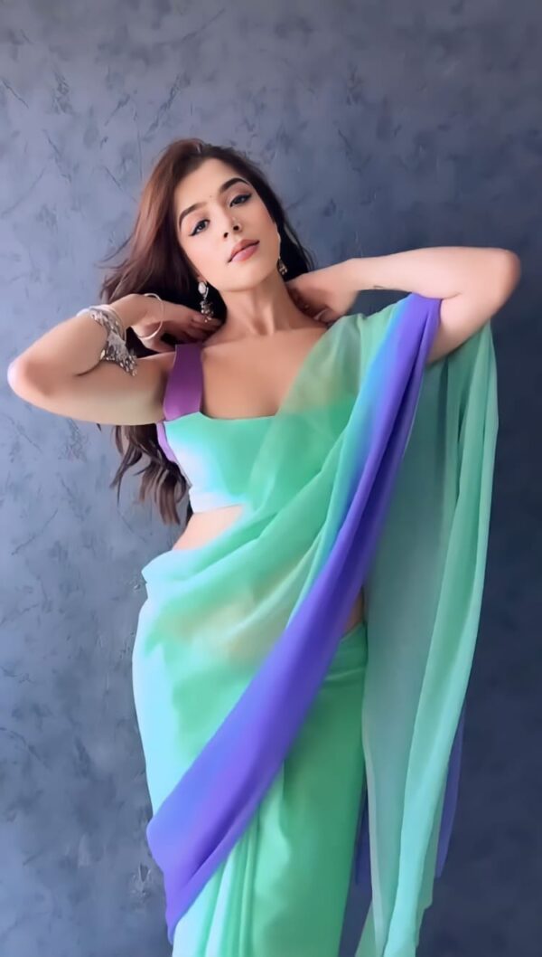 Green And Purple Tones With An Ombre Effect Georgette Ready To Wear Saree With Unstitched Blouse - Image 5