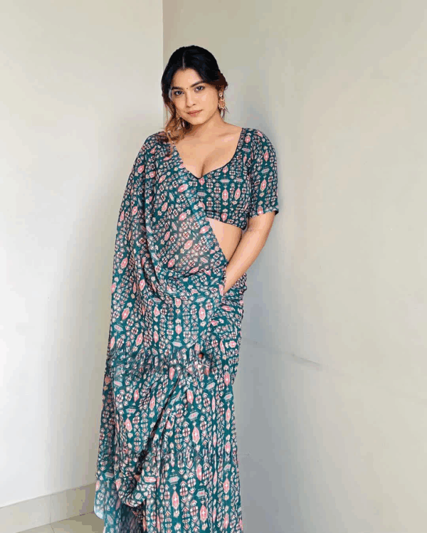 Deep Teal Shade Floral Pink-white Print Georgette Ready To Wear Saree With Unstitched Blouse - Image 4