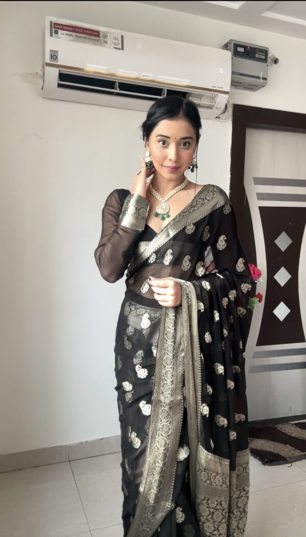 black cotton banarasi silver zari motifs saree Ready To Wear Saree With Unstitched Blouse - Image 6