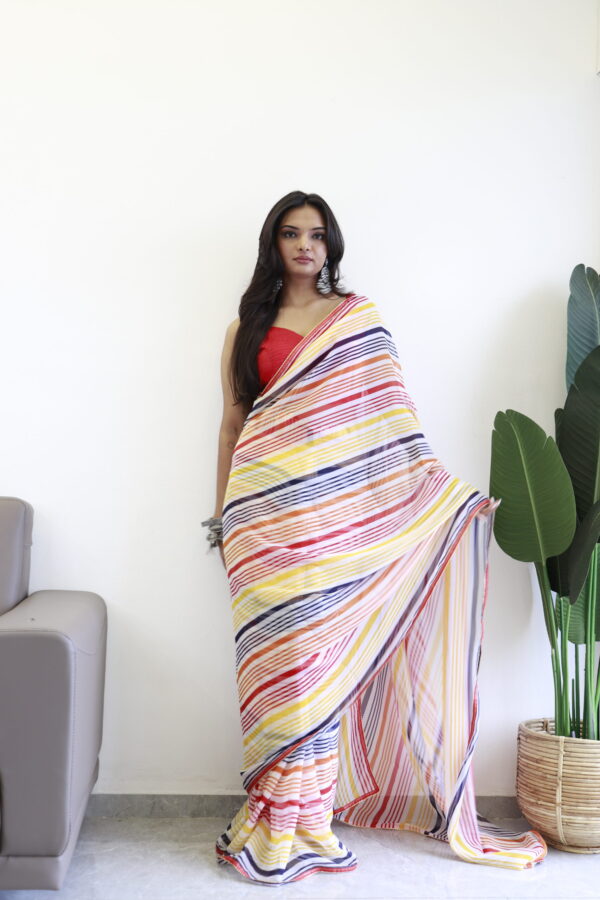 Multi-colored Striped Pattern Georgette Ready To Wear Saree With Unstitched Blouse - Image 4