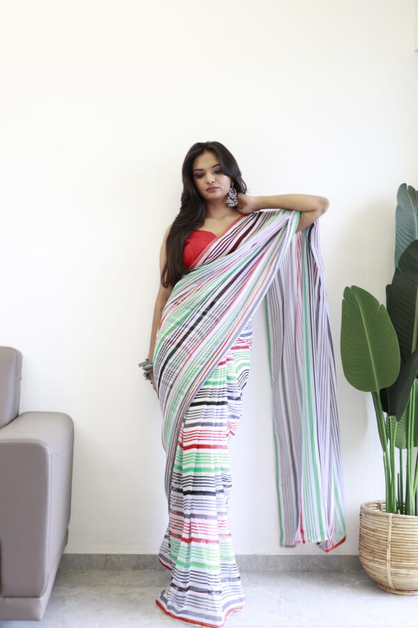 Multi-colored Striped Pattern Georgette Ready To Wear Saree With Unstitched Blouse - Image 4