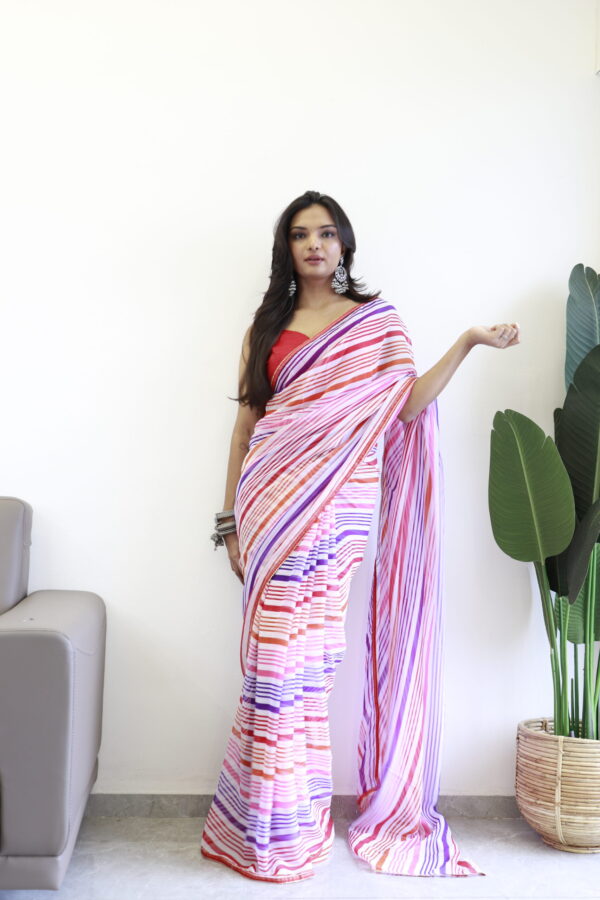 Multi-colored Striped Pattern Georgette Ready To Wear Saree With Unstitched Blouse - Image 4
