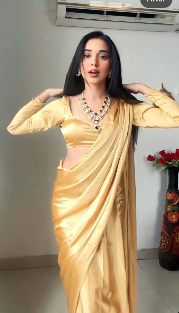 Plain Golden Satin Saree Ready To Wear Saree With Unstitched Blouse - Image 5