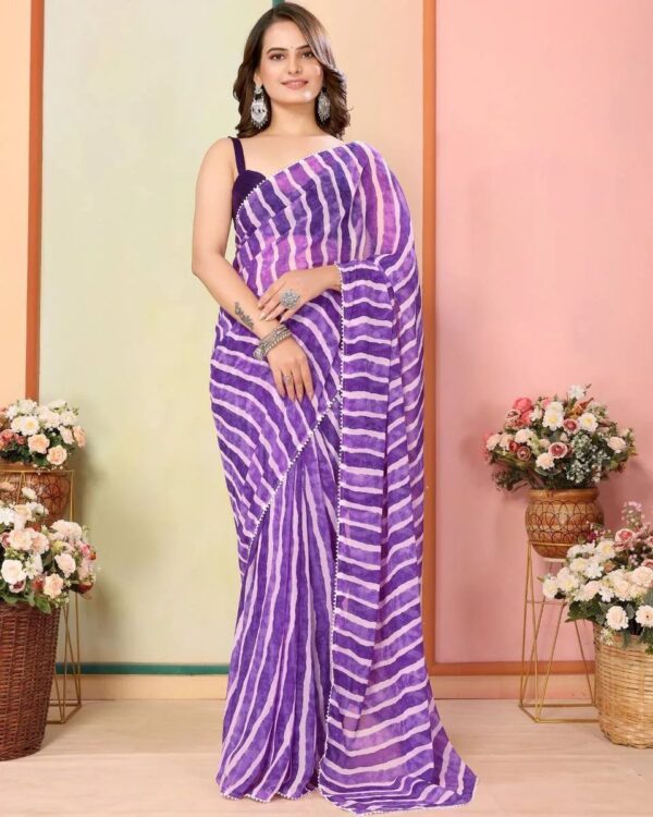 Purple And Lilac Striped Pattern Georgette Ready To Wear Saree With Unstitched Blouse - Image 5