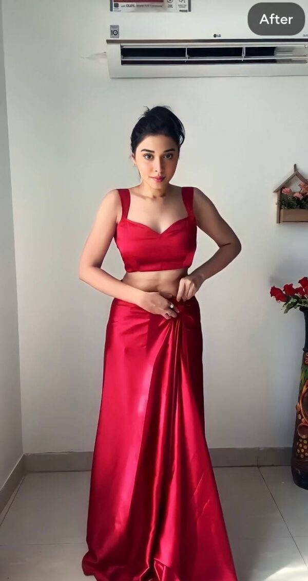 Red Satin Saree Ready To Wear Saree With Unstitched Blouse - Image 6
